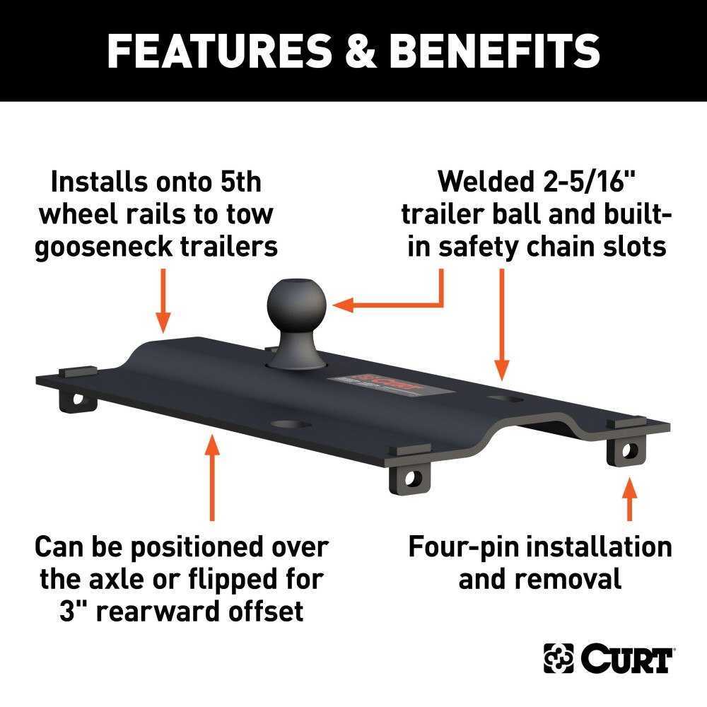 CURT 5th Wheel to Gooseneck Adapter Plate with 25,000 lbs Capacity CURT gooseneck adapter plate for 5th wheel setup, black carbide finish, 2-5/16" ball, for versatile trailer towing