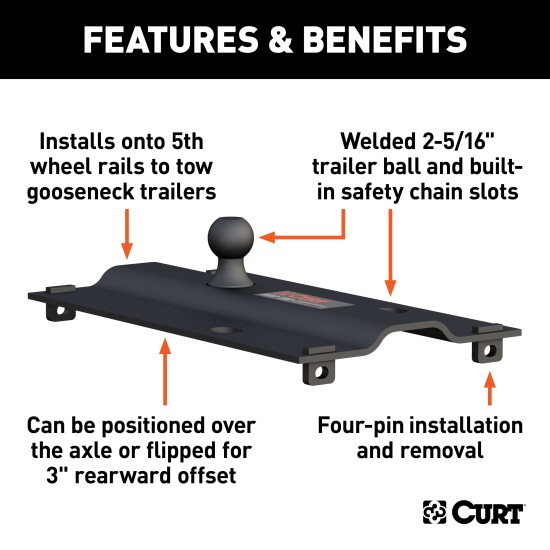 CURT 5th Wheel to Gooseneck Adapter Plate with 25,000 lbs Capacity CURT gooseneck adapter plate for 5th wheel setup, black carbide finish, 2-5/16" ball, for versatile trailer towing