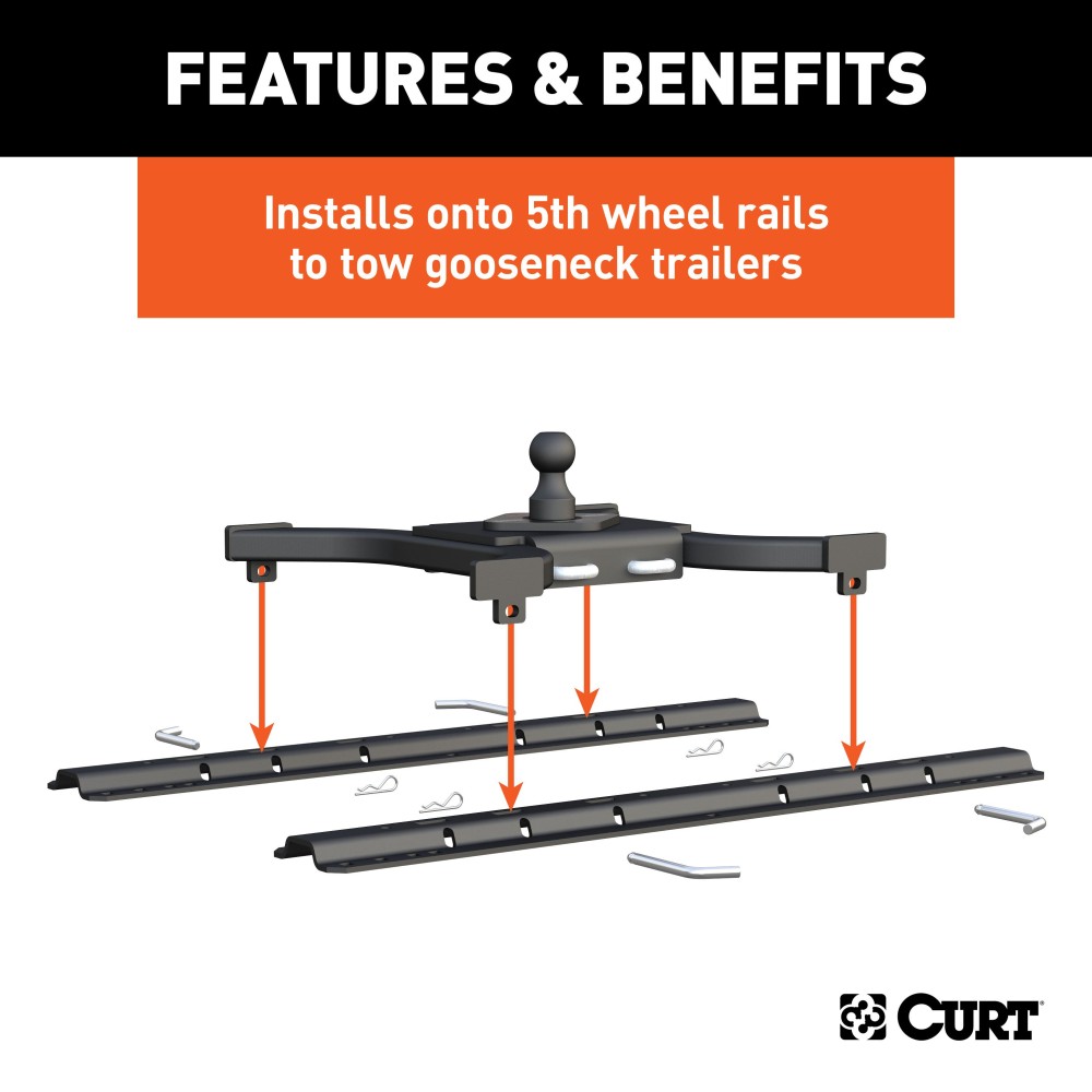 CURT Spyder Gooseneck 5th Wheel Adapter Plate for Towing CURT Spyder gooseneck adapter for 5th wheel towing setup in truck bed.