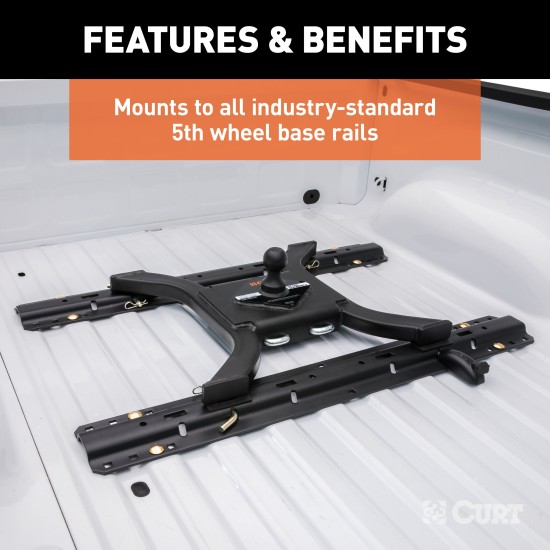 CURT Spyder Gooseneck 5th Wheel Adapter Plate for Towing CURT Spyder gooseneck adapter for 5th wheel towing setup in truck bed.