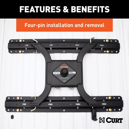 CURT Spyder Gooseneck 5th Wheel Adapter Plate for Towing CURT Spyder gooseneck adapter for 5th wheel towing setup in truck bed.