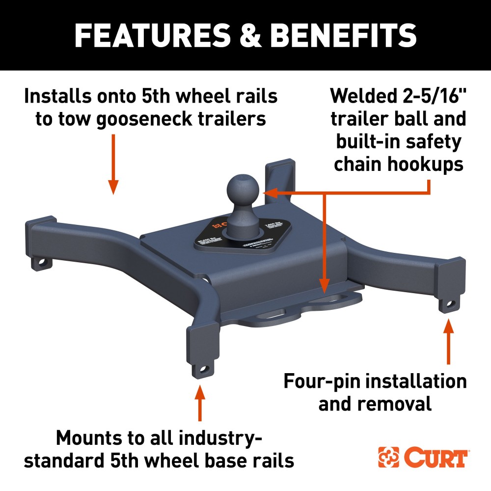 CURT 5th Wheel Gooseneck Adapter with 30K GTW Capacity CURT 5th Wheel Gooseneck Adapter Plate with ball hitch for versatile towing.