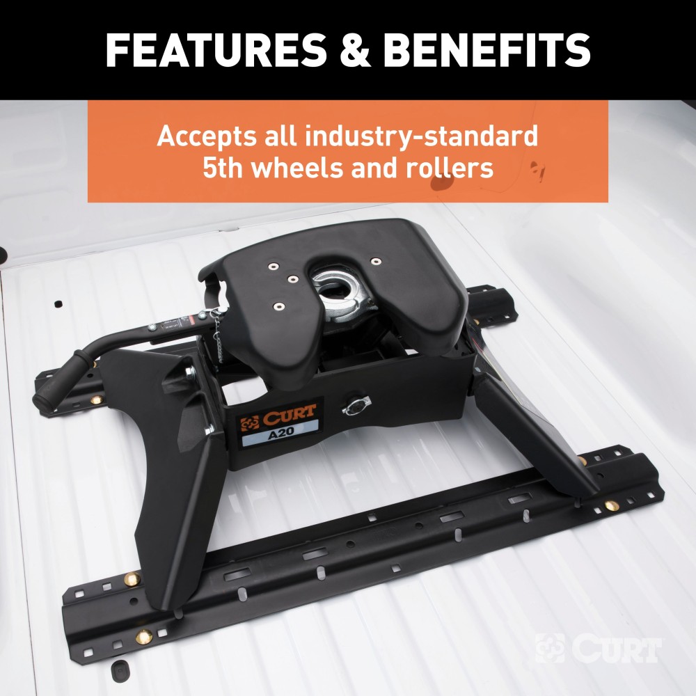 CURT 5th Wheel Base Rails with Industry Standard Fitment CURT 5th wheel base rails with corrosion-resistant A-coat and powder coat finish for durable towing.