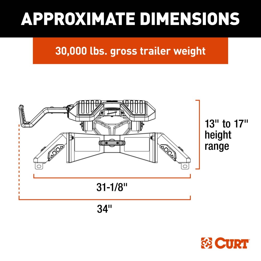 CURT PowerRide 30K 5th Wheel Hitch for Professional Towing CURT PowerRide 30K 5th wheel hitch with multi-directional tilt and self-resetting handle