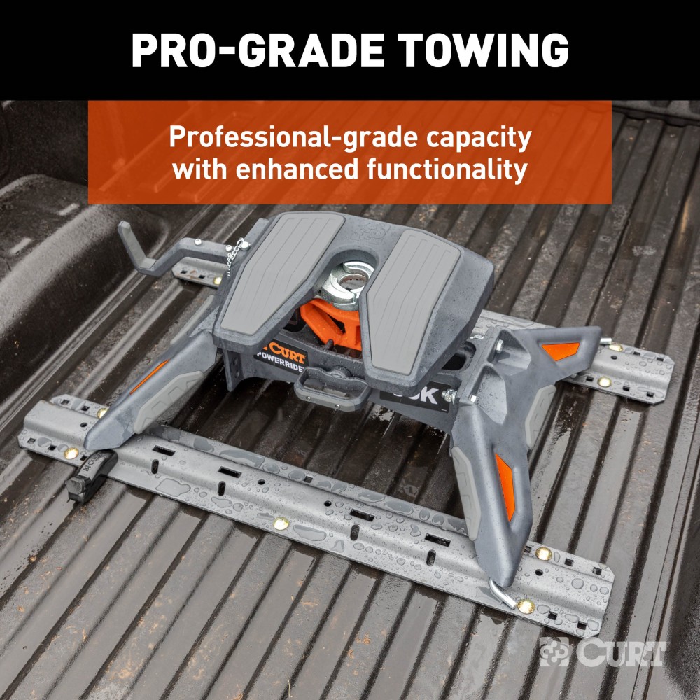 CURT PowerRide 30K 5th Wheel Hitch for Professional Towing CURT PowerRide 30K 5th wheel hitch with multi-directional tilt and self-resetting handle