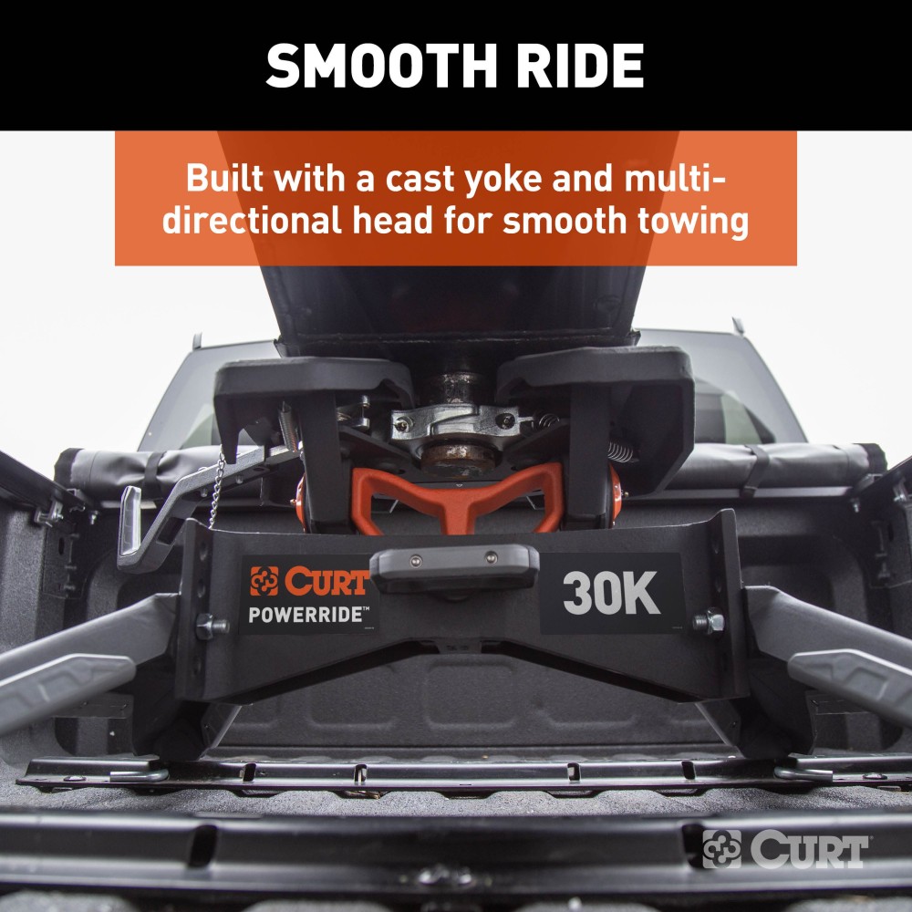CURT PowerRide 30K 5th Wheel Hitch for Professional Towing CURT PowerRide 30K 5th wheel hitch with multi-directional tilt and self-resetting handle