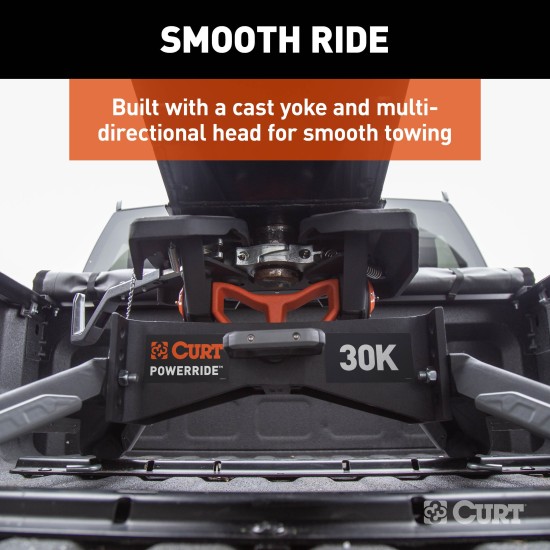 CURT PowerRide 30K 5th Wheel Hitch for Professional Towing CURT PowerRide 30K 5th wheel hitch with multi-directional tilt and self-resetting handle