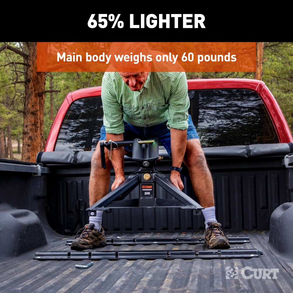 CrossWing 5th Wheel Hitch with 20,000 lb Capacity and ShockDrop Tech CrossWing 5th wheel hitch featuring ShockDrop technology and a lightweight, durable steel frame.