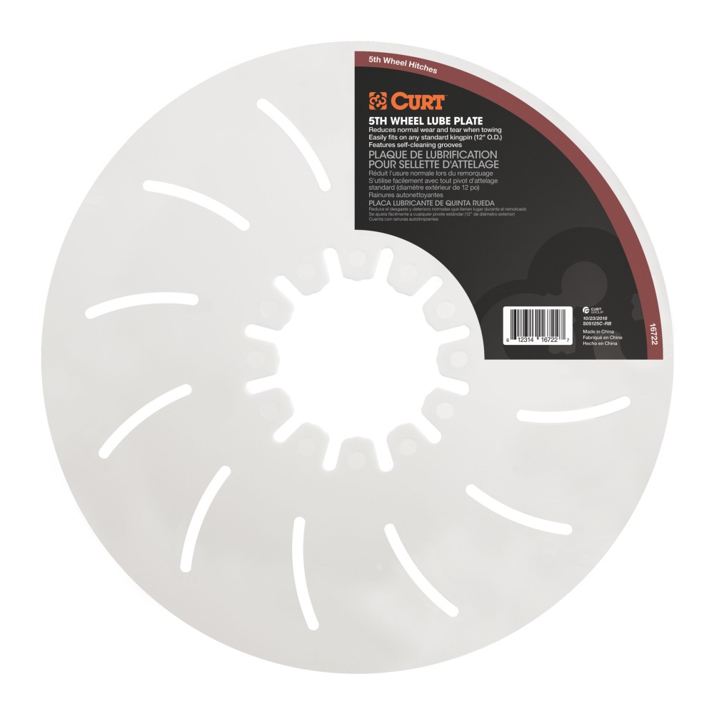 CURT Lube Plate for 5th Wheel Hitch with Self-Cleaning Grooves CURT lube plate on 5th wheel kingpin, protecting hitch from wear and grease