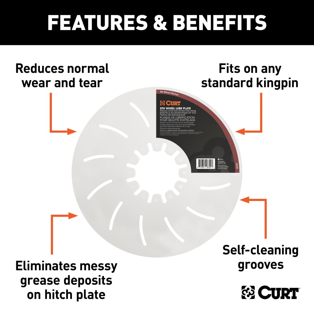 CURT Lube Plate for 5th Wheel Hitch with Self-Cleaning Grooves CURT lube plate on 5th wheel kingpin, protecting hitch from wear and grease