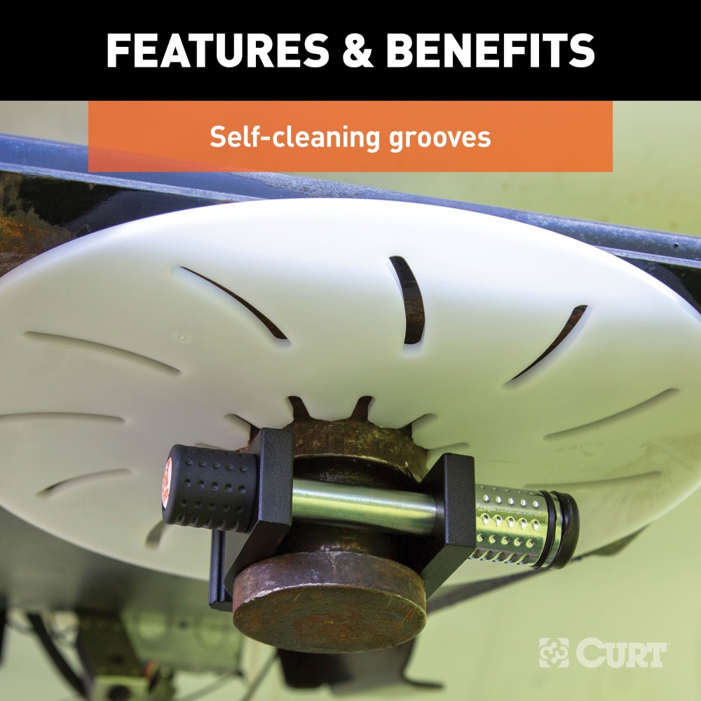 CURT Lube Plate for 5th Wheel Hitch with Self-Cleaning Grooves CURT lube plate on 5th wheel kingpin, protecting hitch from wear and grease