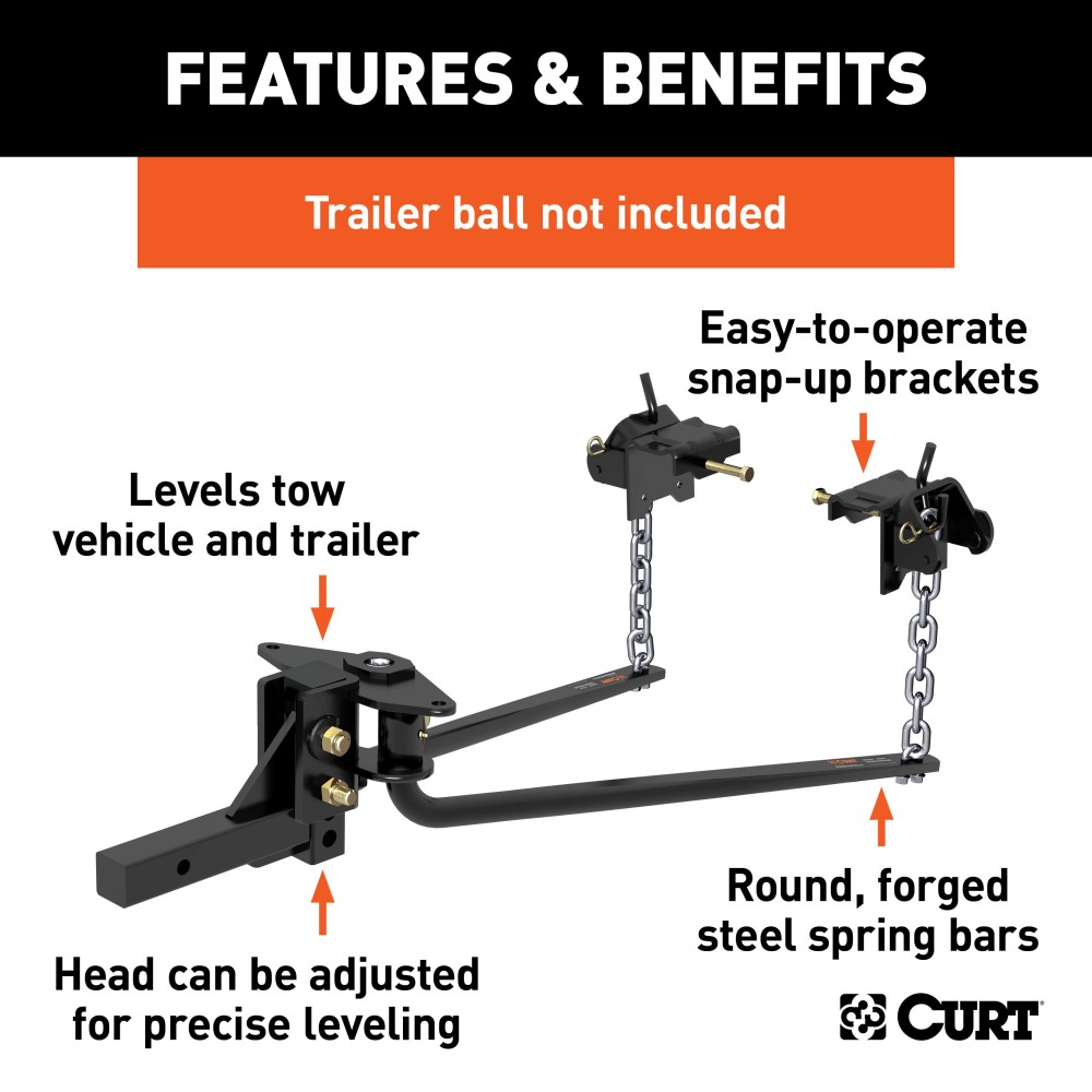 CURT Round Bar Weight Distribution Hitch with Lubrication System CURT round bar weight distribution hitch with integrated lubrication for level towing