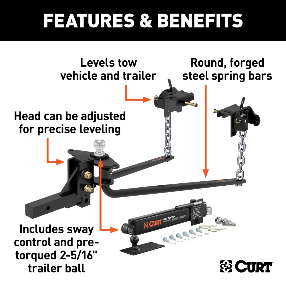 CURT Round Bar Weight Distribution Hitch with Lubrication System CURT round bar weight distribution hitch with built-in lubrication, shank, and sway control.