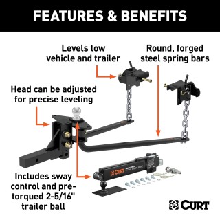 CURT Round Bar Weight Distribution Hitch for Smooth Towing CURT round bar weight distribution hitch with sway control for trailers and campers.
