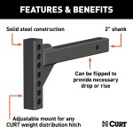 CURT Heavy-Duty Weight Distribution Shank with Adjustable Hitch CURT weight distribution shank in black powder coat, fits 2 inch hitch