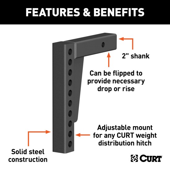 CURT Weight Distribution Replacement Shank for 2 Inch Hitch CURT weight distribution shank with versatile adjustment for towing, compatible with 2 inch hitch receivers.
