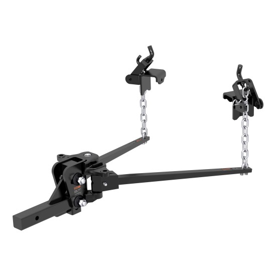CURT Weight Distribution Hitch with Sway Control and Durable Finish CURT weight distribution hitch featuring forged steel bars, sway control, and black powder coat finish