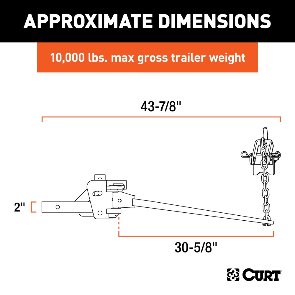 CURT Weight Distribution Hitch with Sway Control and Durable Finish CURT weight distribution hitch featuring forged steel bars, sway control, and black powder coat finish