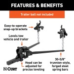 CURT Weight Distribution Hitch with Sway Control and Durable Finish CURT weight distribution hitch featuring forged steel bars, sway control, and black powder coat finish