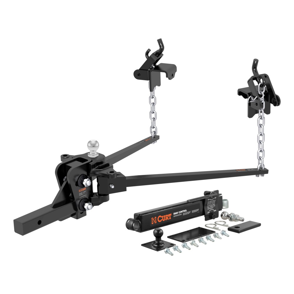 CURT Weight Distribution Hitch with Sway Control System CURT weight distribution hitch with forged steel, sway control unit, and 2-inch shank.