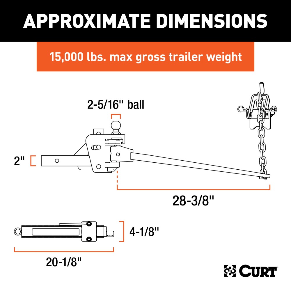 CURT Weight Distribution Hitch with Sway Control System CURT weight distribution hitch with forged steel, sway control unit, and 2-inch shank.