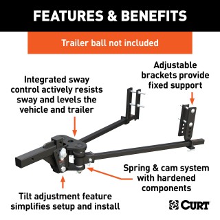 CURT TruTrack weight distribution hitch featuring integrated sway control and adjustable brackets for trailers.