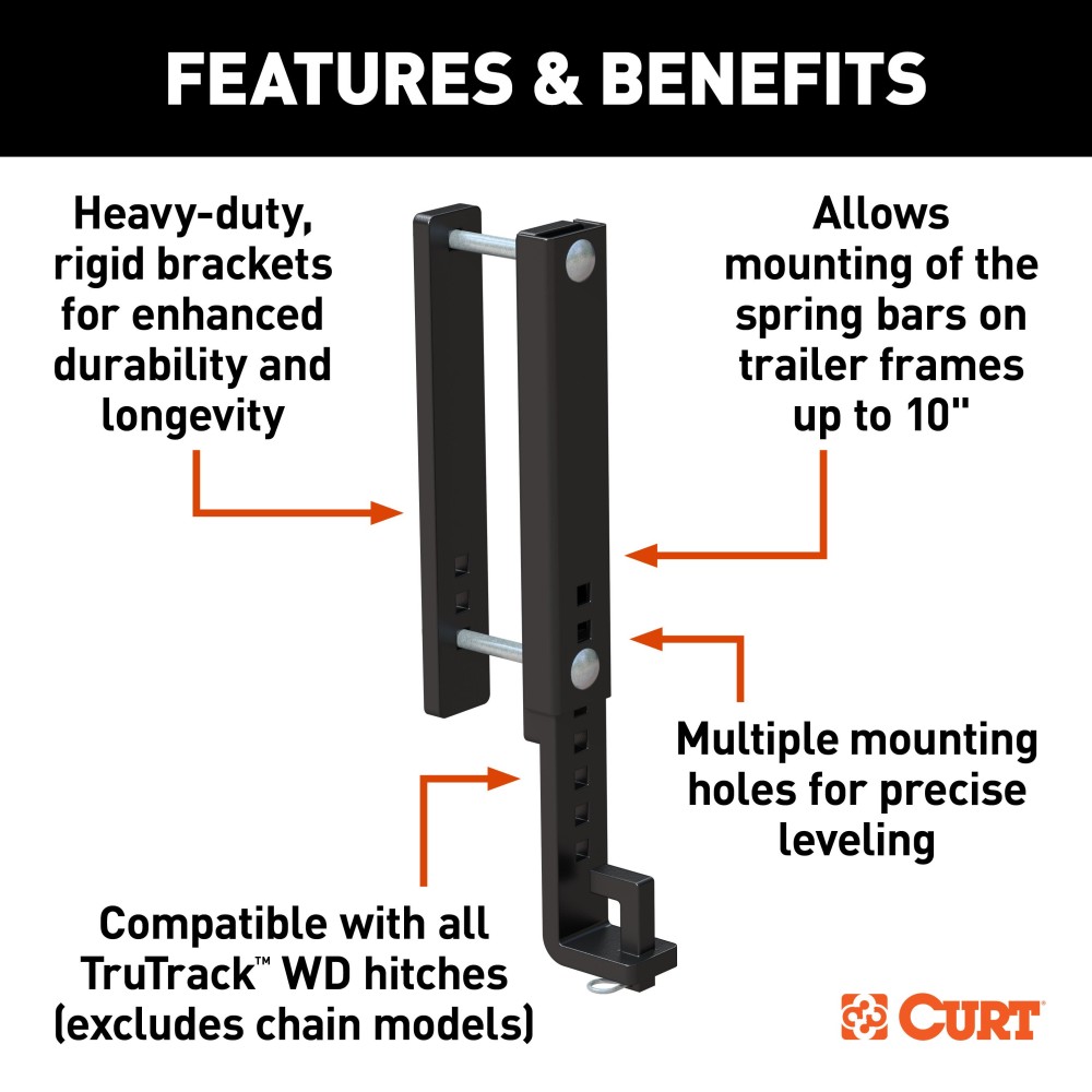 CURT TruTrack heavy-duty adjustable support brackets secure spring bars to trailer frames up to 10 inches for towing stability.