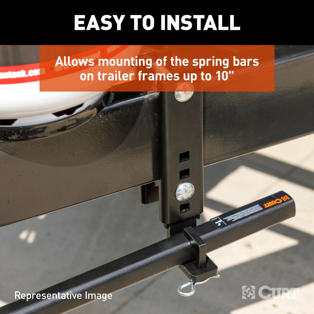 CURT TruTrack heavy-duty adjustable support brackets secure spring bars to trailer frames up to 10 inches for towing stability.