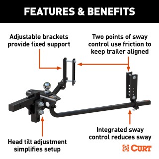 CURT TruTrack Weight Distribution Hitch with Integrated Sway Control CURT TruTrack WD hitch features integrated sway control, adjustable support brackets, and durable spring bars for safe towing.