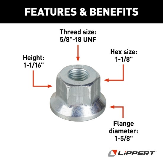 Universal Lippert Flange Nuts for Various Vehicle Wheels Universal Lippert flange nuts used for trailer and golf cart wheels