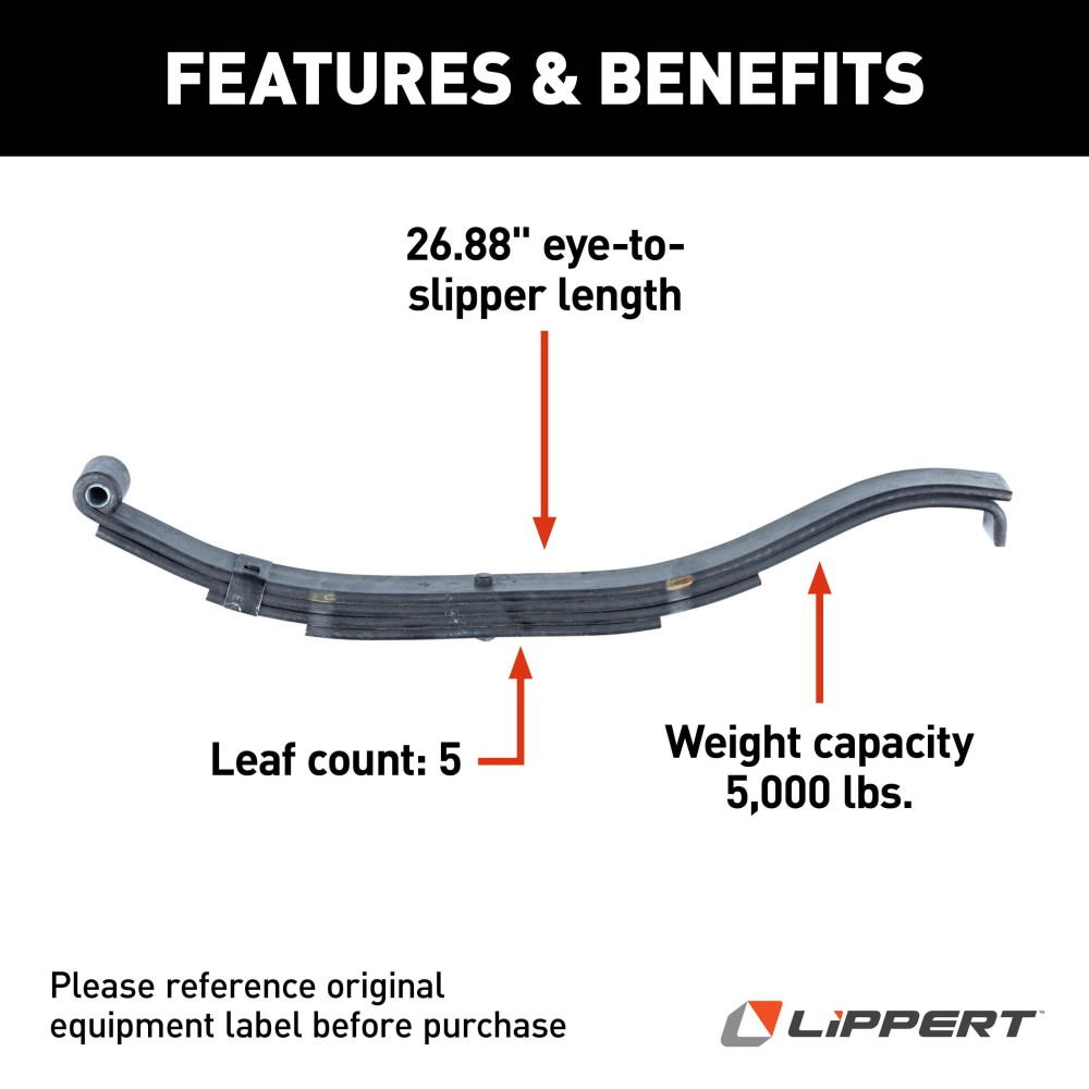 Lippert Replacement Slipper Leaf Spring for RV Trailer Suspension Replacement slipper leaf spring by Lippert for RV trailer suspension with 5,000-lb capacity