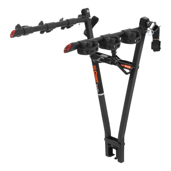 CURT Clamp-On Bike Rack - Holds 3 Bikes, Fits 2" Hitch Receiver CURT clamp-on bike rack holding up to three bikes, fits 2 inch hitch receiver, adjustable cradles, black powder coat finish.