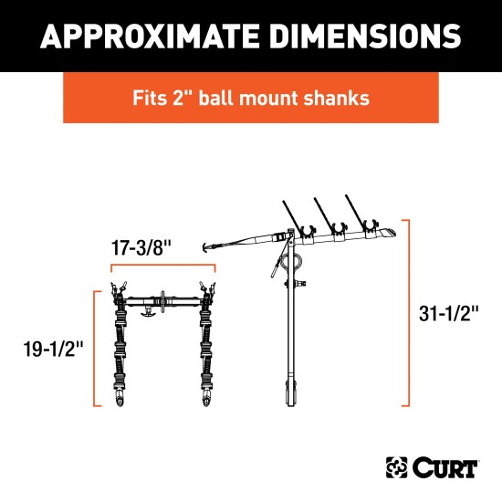 CURT Clamp-On Bike Rack - Holds 3 Bikes, Fits 2" Hitch Receiver CURT clamp-on bike rack holding up to three bikes, fits 2 inch hitch receiver, adjustable cradles, black powder coat finish.