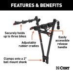 CURT Clamp-On Bike Rack - Holds 3 Bikes, Fits 2" Hitch Receiver CURT clamp-on bike rack holding up to three bikes, fits 2 inch hitch receiver, adjustable cradles, black powder coat finish.