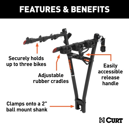 CURT Clamp-On Bike Rack - Holds 3 Bikes, Fits 2" Hitch Receiver CURT clamp-on bike rack holding up to three bikes, fits 2 inch hitch receiver, adjustable cradles, black powder coat finish.
