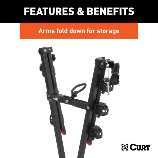CURT Clamp-On Bike Rack - Holds 3 Bikes, Fits 2" Hitch Receiver CURT clamp-on bike rack holding up to three bikes, fits 2 inch hitch receiver, adjustable cradles, black powder coat finish.