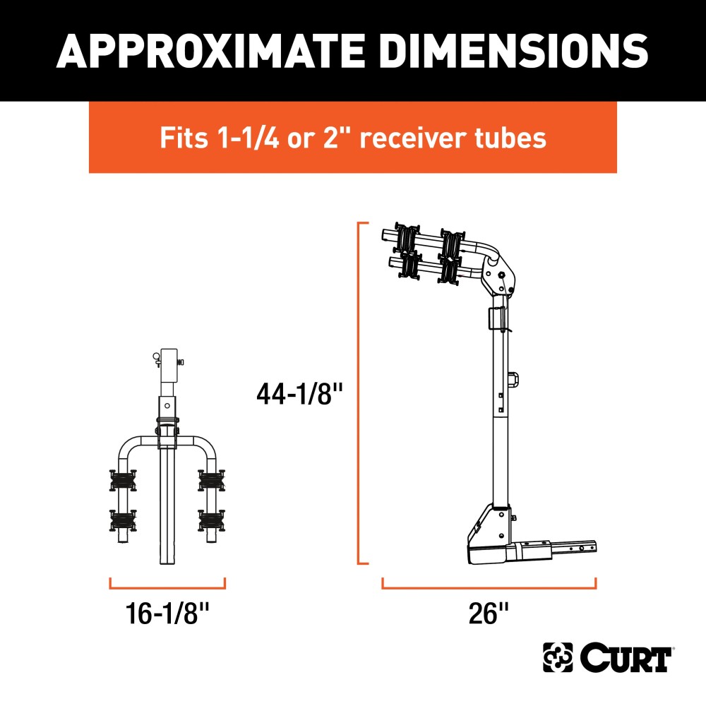 CURT Hitch-Mounted Bike Rack for Secure and Easy Bike Transport CURT hitch-mounted bike rack with black powder coat finish, fitting 1-1/4" or 2" receivers, holding up to two bikes.