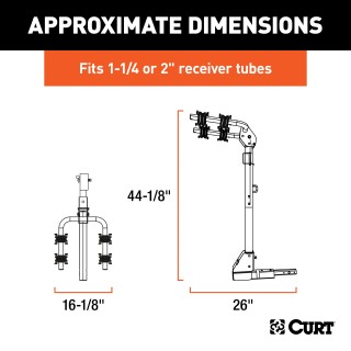 CURT Hitch-Mounted Bike Rack for Secure and Easy Bike Transport CURT hitch-mounted bike rack with black powder coat finish, fitting 1-1/4" or 2" receivers, holding up to two bikes.