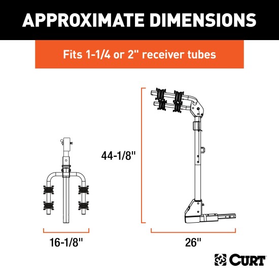 CURT Hitch-Mounted Bike Rack for Secure and Easy Bike Transport CURT hitch-mounted bike rack with black powder coat finish, fitting 1-1/4" or 2" receivers, holding up to two bikes.