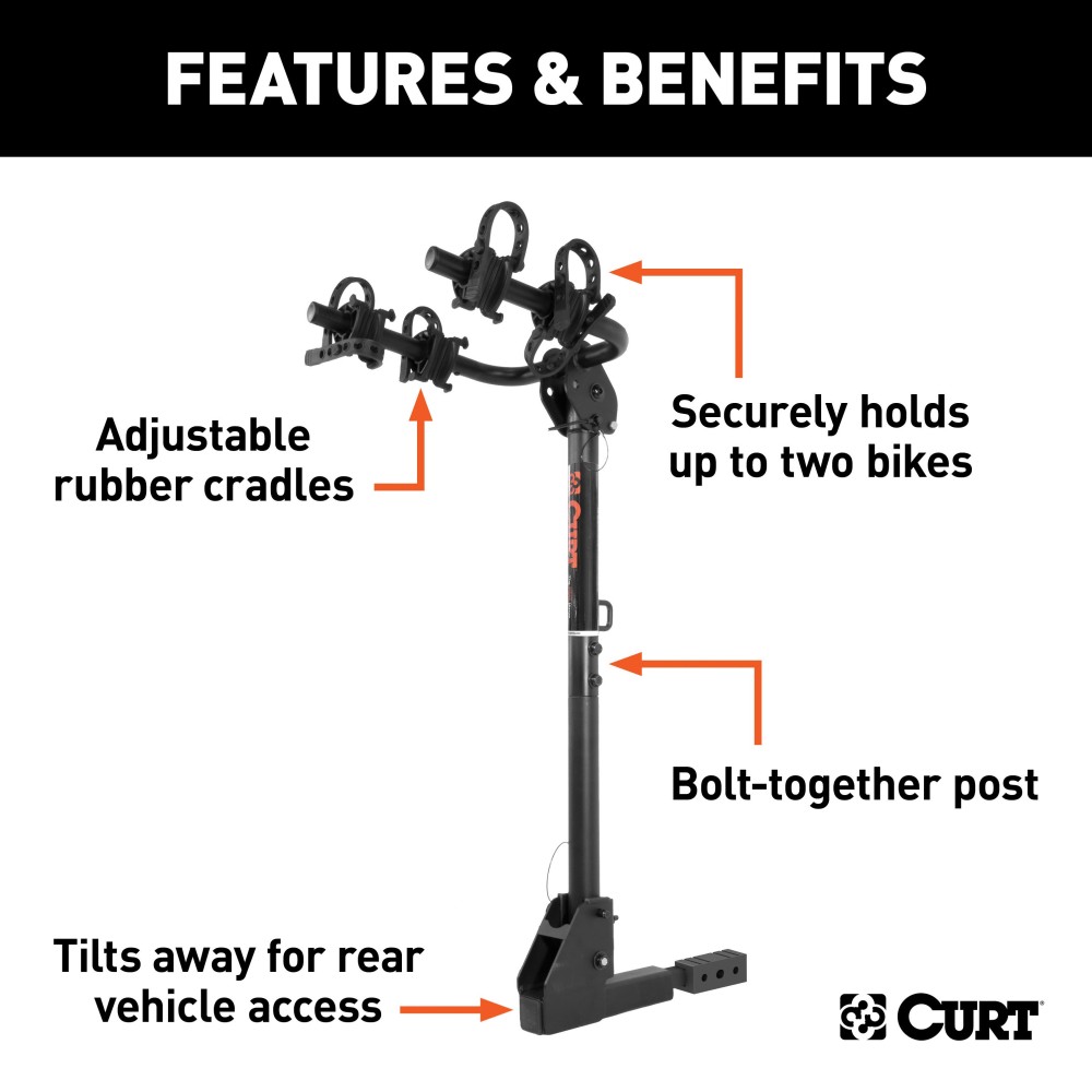 CURT Hitch-Mounted Bike Rack for Secure and Easy Bike Transport CURT hitch-mounted bike rack with black powder coat finish, fitting 1-1/4" or 2" receivers, holding up to two bikes.