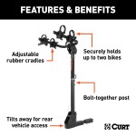 CURT Hitch-Mounted Bike Rack for Secure and Easy Bike Transport CURT hitch-mounted bike rack with black powder coat finish, fitting 1-1/4" or 2" receivers, holding up to two bikes.