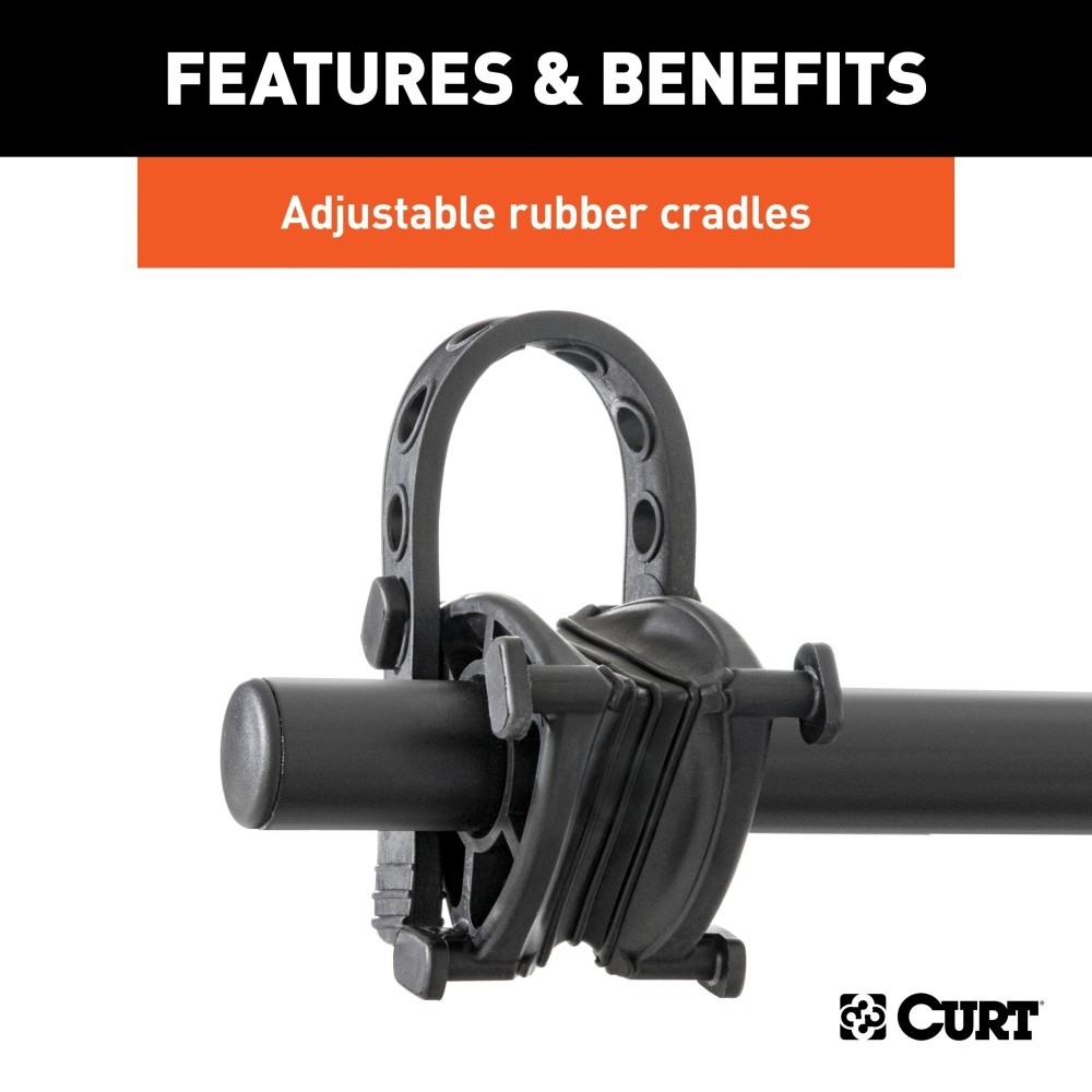 CURT Hitch-Mounted Bike Rack for Secure and Easy Bike Transport CURT hitch-mounted bike rack with black powder coat finish, fitting 1-1/4" or 2" receivers, holding up to two bikes.