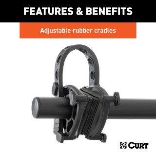 CURT Hitch-Mounted Bike Rack for Secure and Easy Bike Transport CURT hitch-mounted bike rack with black powder coat finish, fitting 1-1/4" or 2" receivers, holding up to two bikes.