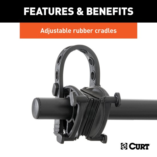 CURT Hitch-Mounted Bike Rack for Secure and Easy Bike Transport CURT hitch-mounted bike rack with black powder coat finish, fitting 1-1/4" or 2" receivers, holding up to two bikes.