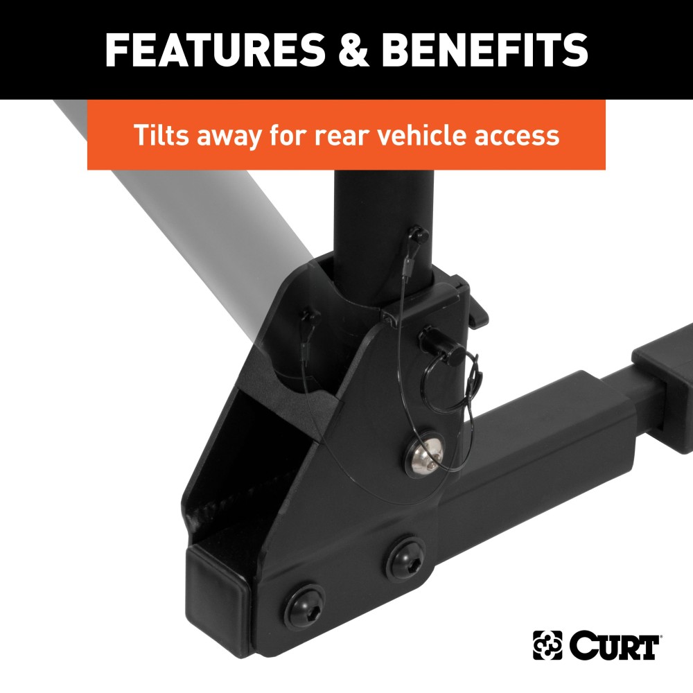 CURT Hitch-Mounted Bike Rack for Secure and Easy Bike Transport CURT hitch-mounted bike rack with black powder coat finish, fitting 1-1/4" or 2" receivers, holding up to two bikes.
