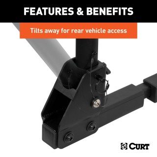 CURT Hitch-Mounted Bike Rack for Secure and Easy Bike Transport CURT hitch-mounted bike rack with black powder coat finish, fitting 1-1/4" or 2" receivers, holding up to two bikes.