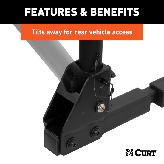 CURT Hitch-Mounted Bike Rack for Secure and Easy Bike Transport CURT hitch-mounted bike rack with black powder coat finish, fitting 1-1/4" or 2" receivers, holding up to two bikes.