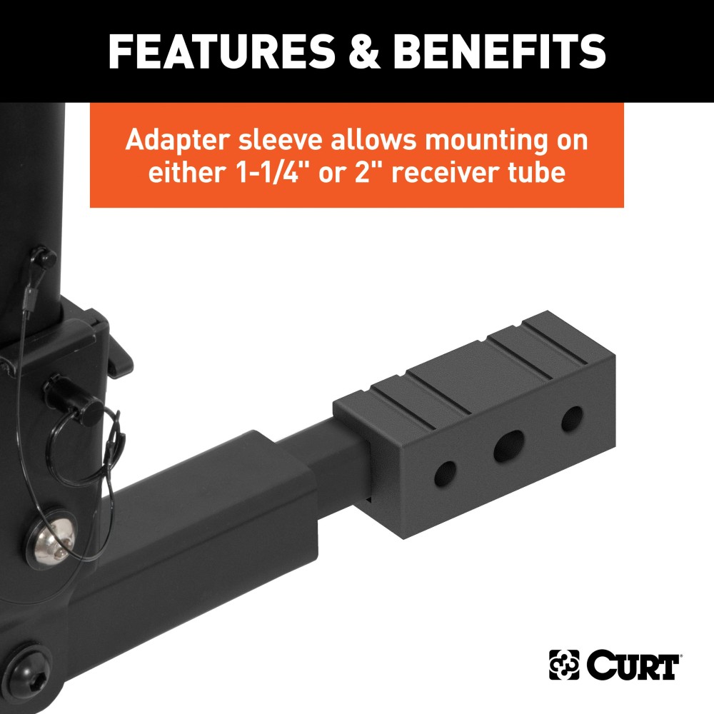 CURT Hitch-Mounted Bike Rack for Secure and Easy Bike Transport CURT hitch-mounted bike rack with black powder coat finish, fitting 1-1/4" or 2" receivers, holding up to two bikes.