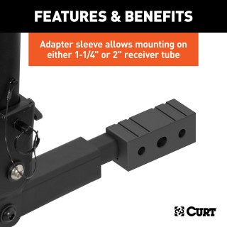 CURT Hitch-Mounted Bike Rack for Secure and Easy Bike Transport CURT hitch-mounted bike rack with black powder coat finish, fitting 1-1/4" or 2" receivers, holding up to two bikes.