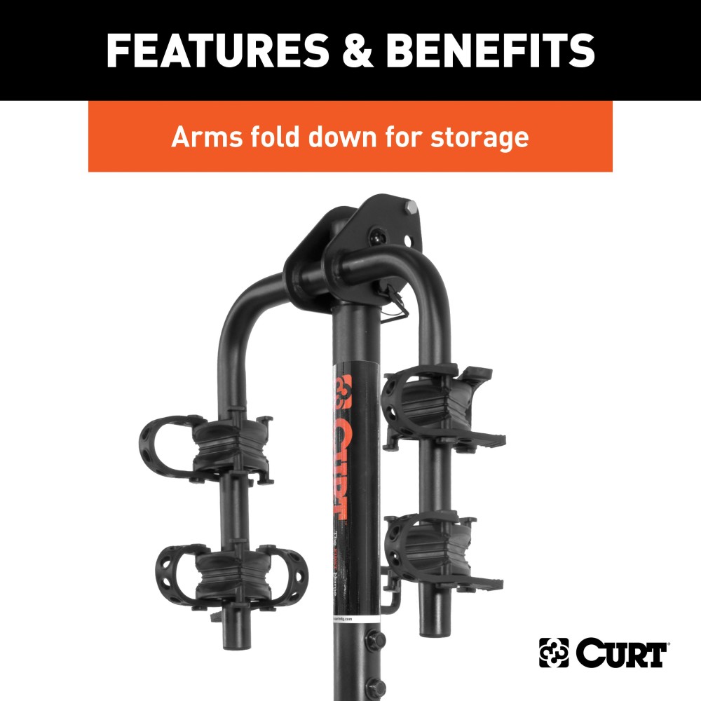 CURT Hitch-Mounted Bike Rack for Secure and Easy Bike Transport CURT hitch-mounted bike rack with black powder coat finish, fitting 1-1/4" or 2" receivers, holding up to two bikes.